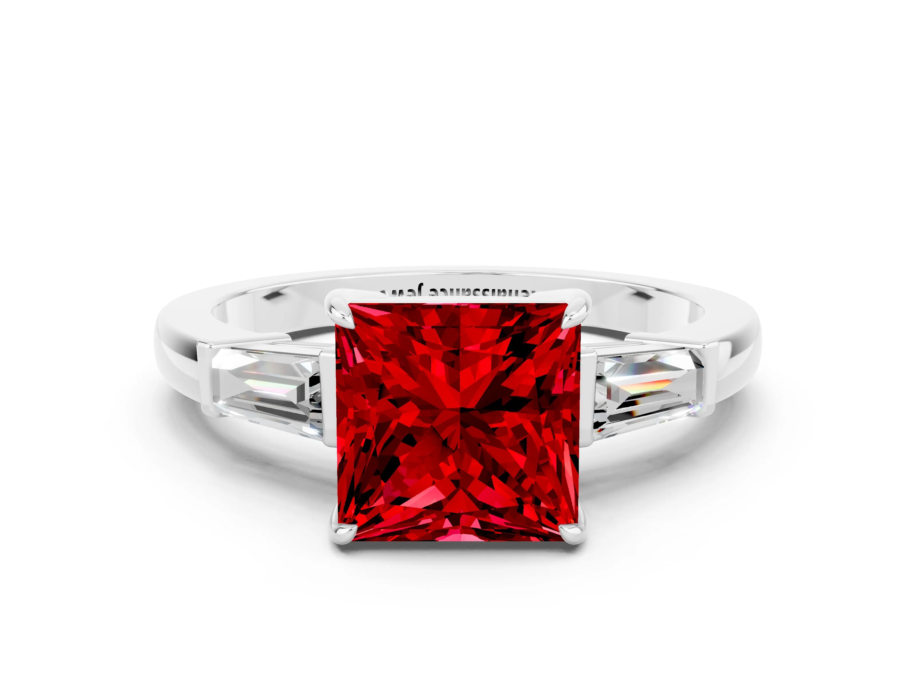 White gold Princess Cut Cut Diamond Ring with Tapered Baguette Side Stones in Four-Prong Setting