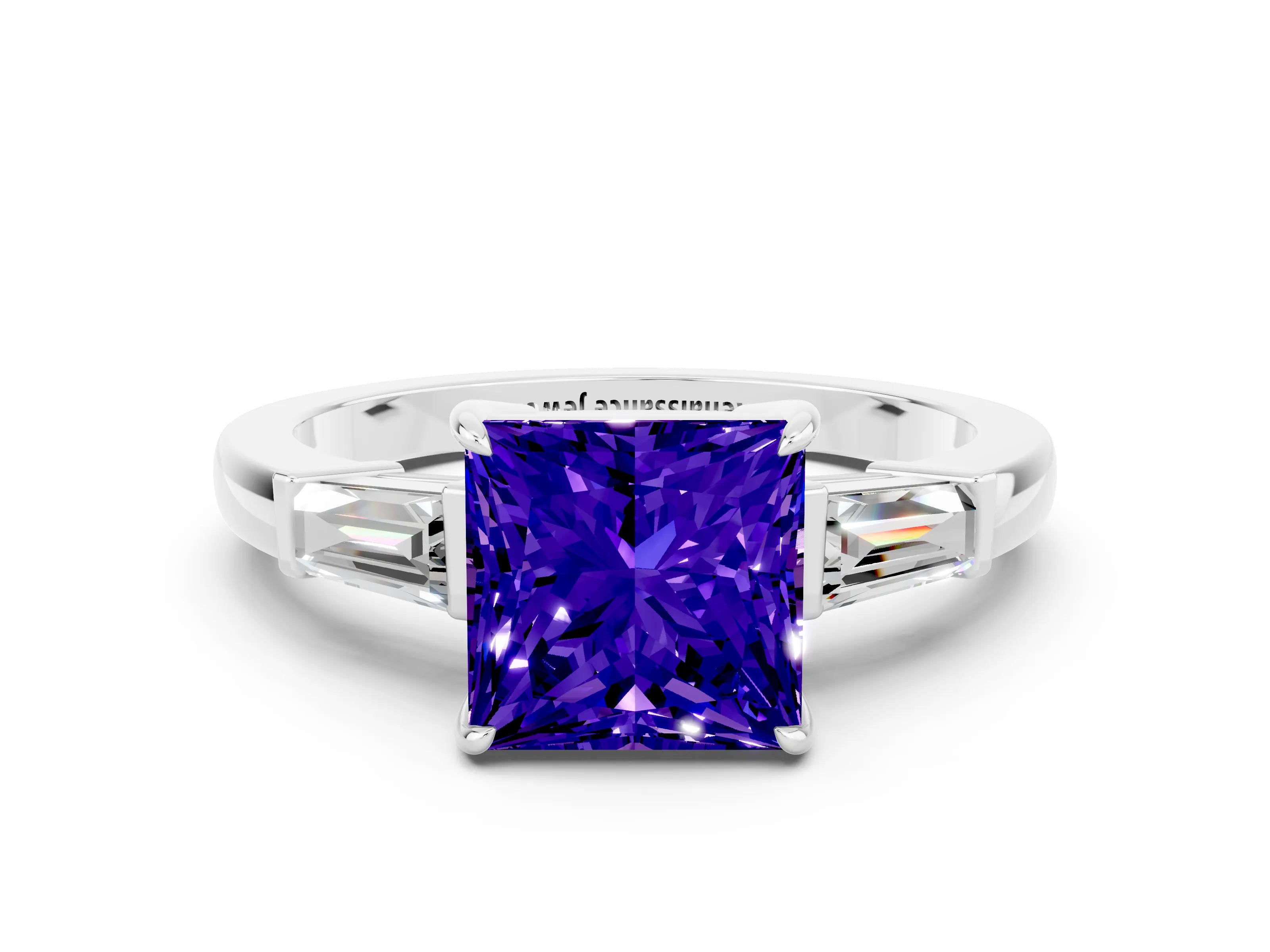 White gold Princess Cut Cut Diamond Ring with Tapered Baguette Side Stones in Four-Prong Setting