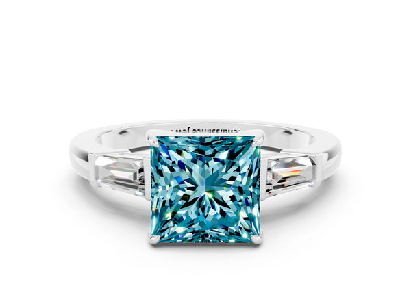 Platinum Princess Cut Cut Diamond Ring with Tapered Baguette Side Stones in Four-Prong Setting