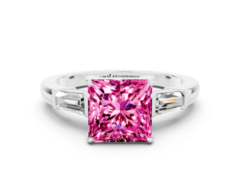 White gold Princess Cut Cut Diamond Ring with Tapered Baguette Side Stones in Four-Prong Setting
