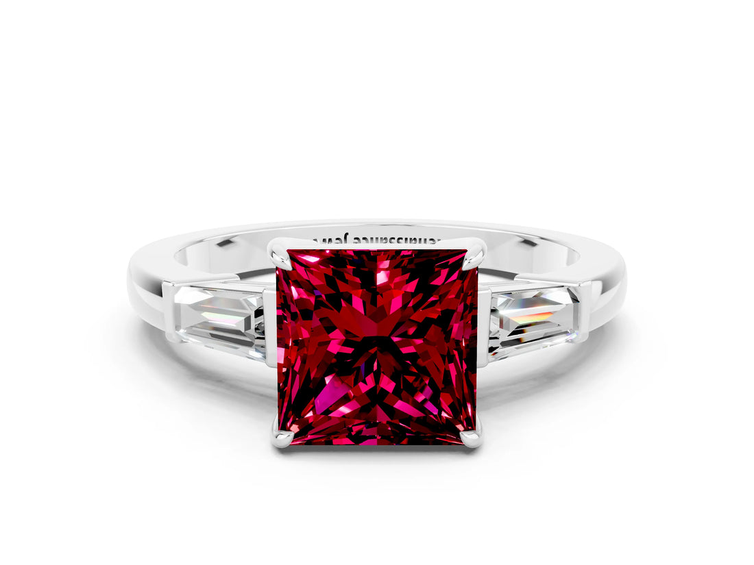 White gold Princess Cut Cut Diamond Ring with Tapered Baguette Side Stones in Four-Prong Setting