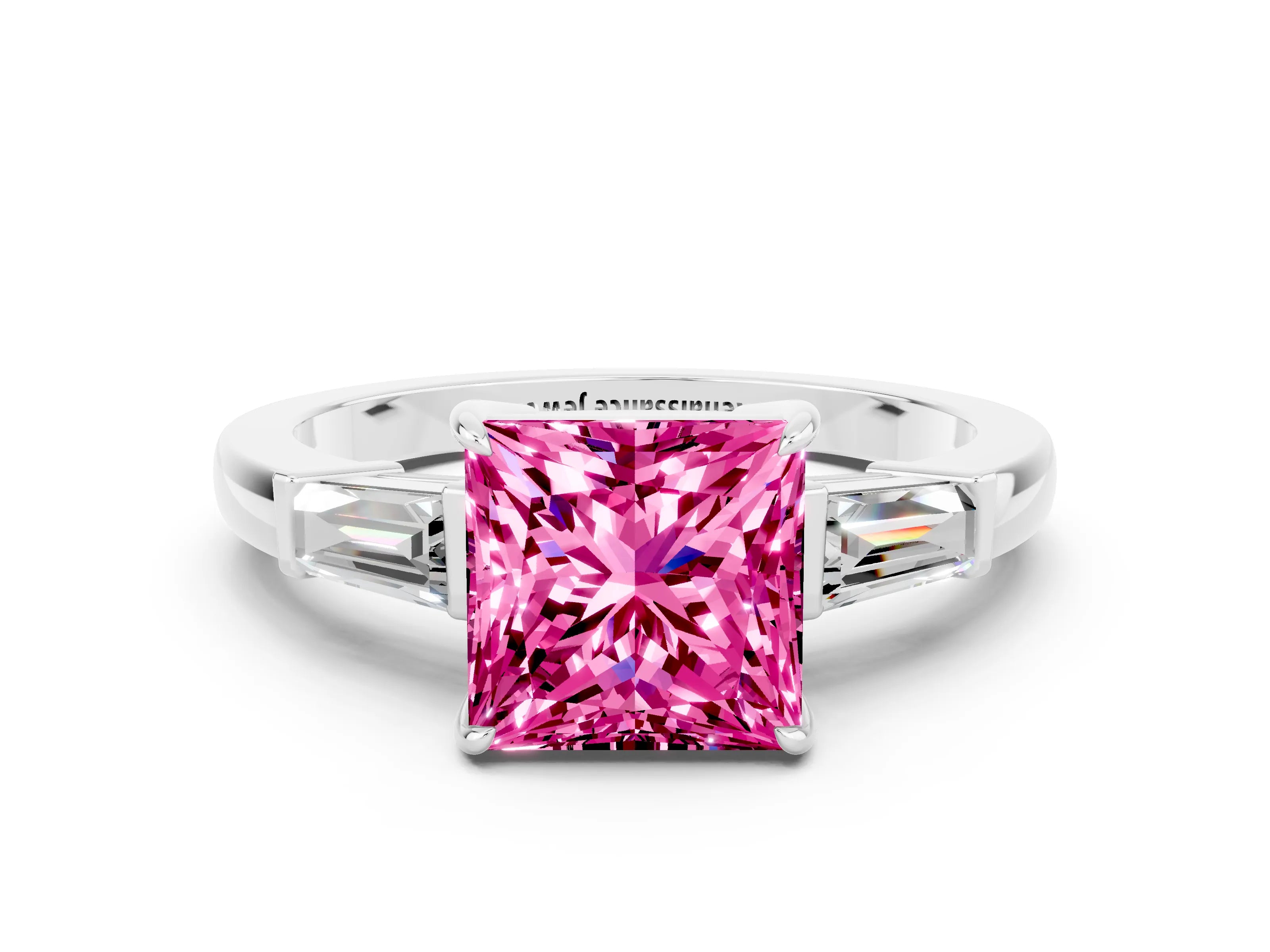 White gold Princess Cut Cut Diamond Ring with Tapered Baguette Side Stones in Four-Prong Setting