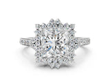 White gold Princess Cut Cut Diamond Sunburst Halo Engagement Ring with Pavé Band_81
