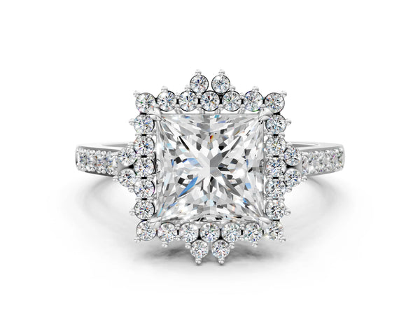 White gold Cushion Cut Diamond Sunburst Halo Engagement Ring with Pavé Band