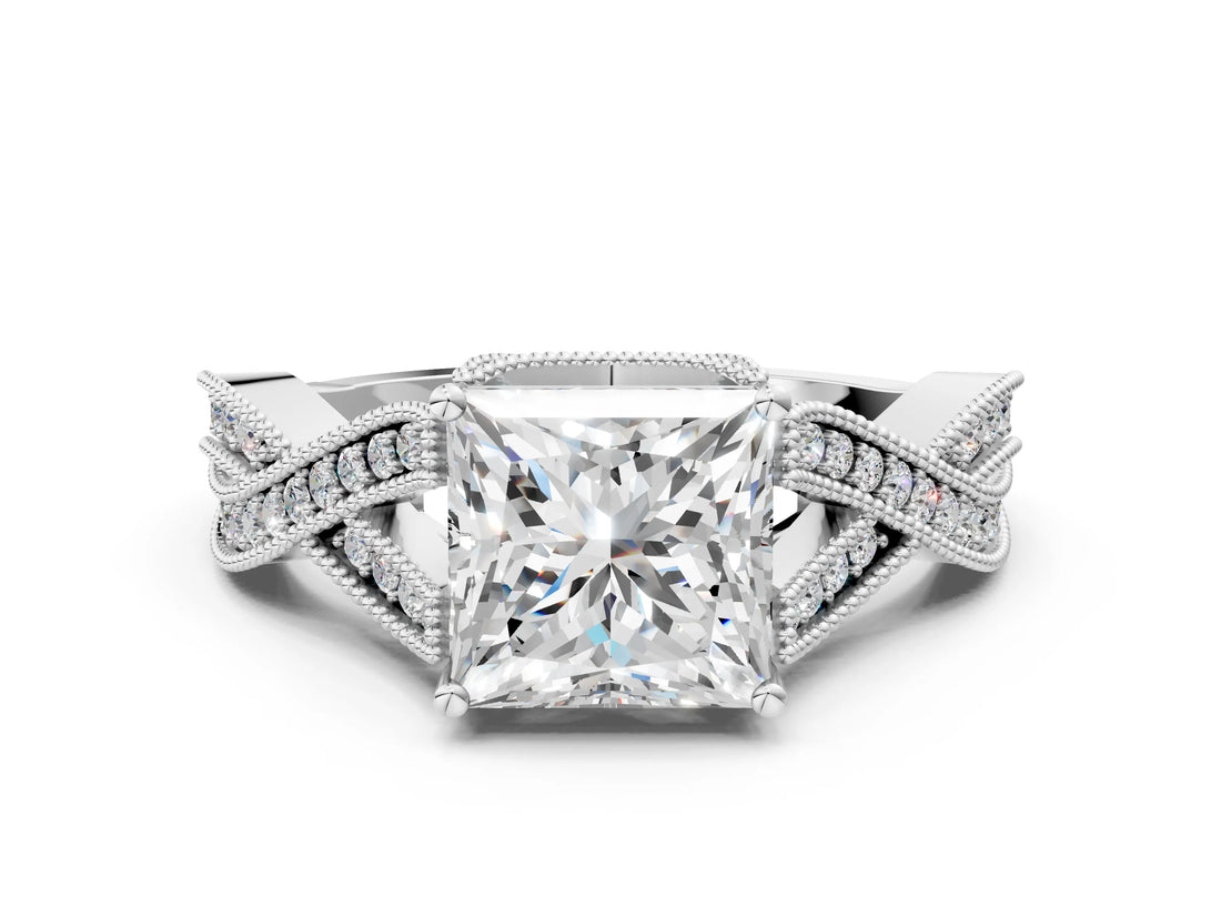 White gold Princess Cut Cut Diamond Twisted Band with Milgrain Pave Setting and Four-Prong Setting_18