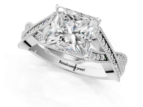 White gold Princess Cut Cut Diamond Twisted Band with Milgrain Pave Setting and Four-Prong Setting