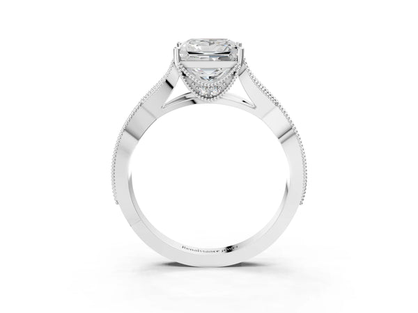 White gold Princess Cut Cut Diamond Twisted Band with Milgrain Pave Setting and Four-Prong Setting