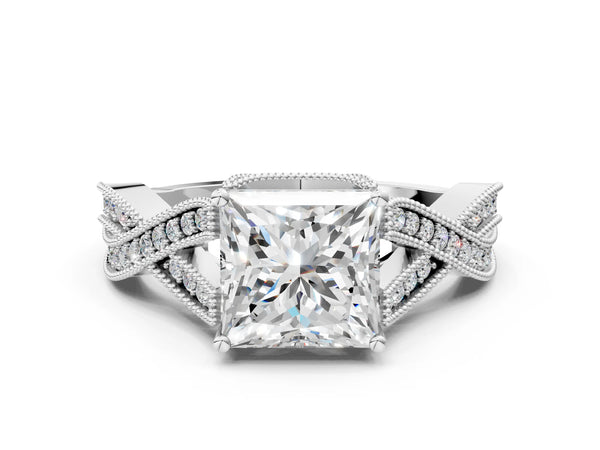 White gold Princess Cut Cut Diamond Twisted Band with Milgrain Pave Setting and Four-Prong Setting