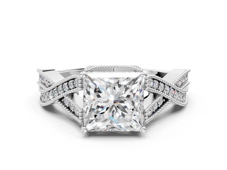 White gold Princess Cut Cut Diamond Twisted Band with Milgrain Pave Setting and Four-Prong Setting