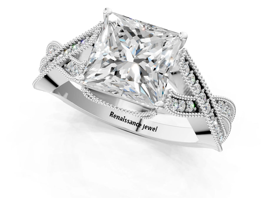 White gold Princess Cut Cut Diamond Twisted Band with Milgrain Pave Setting and Four-Prong Setting