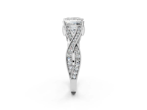 White gold Princess Cut Cut Diamond Twisted Band with Milgrain Pave Setting and Four-Prong Setting