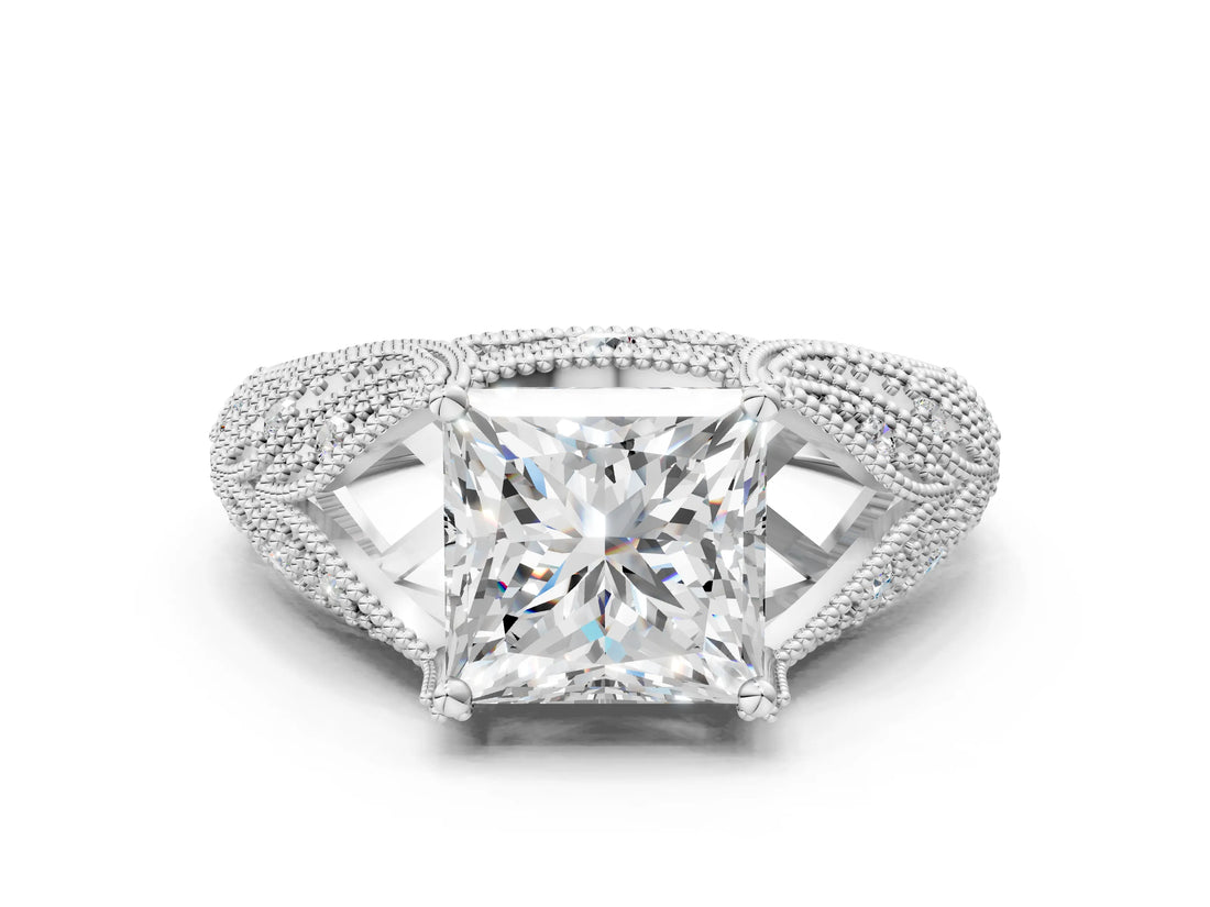 White gold Princess Cut Cut Milgrain Pave Diamond Engagement Ring with Four-Prong Setting_15