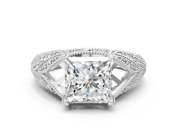 White gold Princess Cut Cut Milgrain Pave Diamond Engagement Ring with Four-Prong Setting