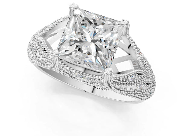 White gold Princess Cut Cut Milgrain Pave Diamond Engagement Ring with Four-Prong Setting