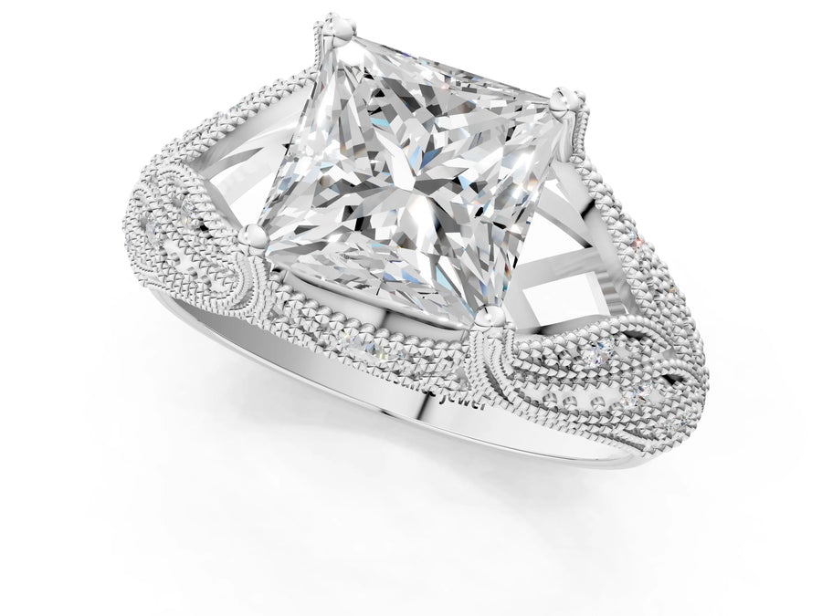White gold Princess Cut Cut Milgrain Pave Diamond Engagement Ring with Four-Prong Setting