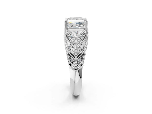 White gold Princess Cut Cut Milgrain Pave Diamond Engagement Ring with Four-Prong Setting