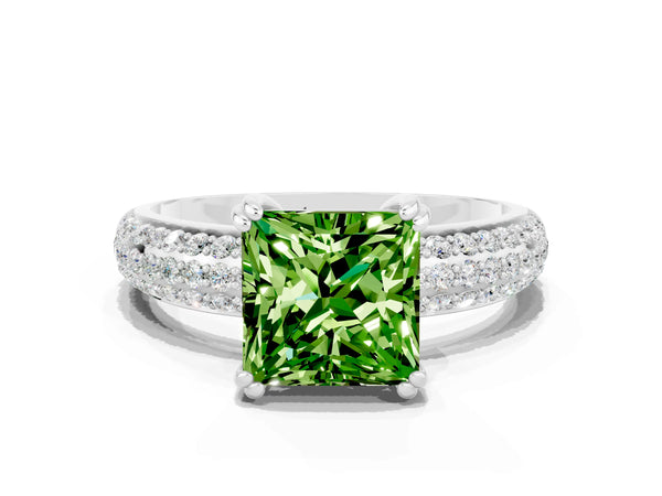 Silver Princess Cut Cut Pave Diamond Engagement Ring with Channel Set Band and Four-Prong Setting