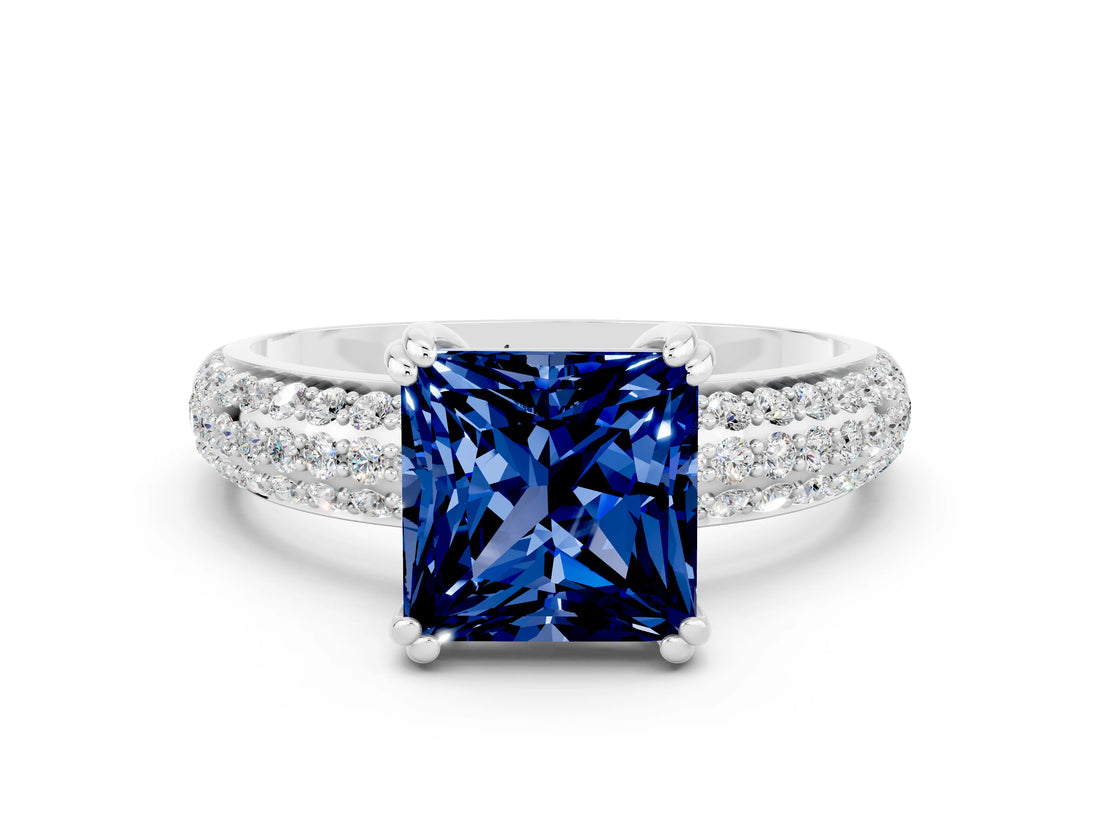 White gold Princess Cut Cut Pave Diamond Engagement Ring with Channel Set Band and Four-Prong Setting