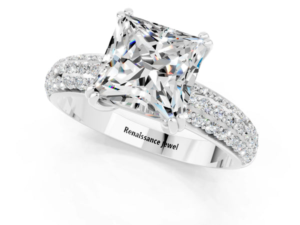 Platinum Princess Cut Moissanite Solitaire Ring with Multi-Row Round Pavé Band and Prong Setting