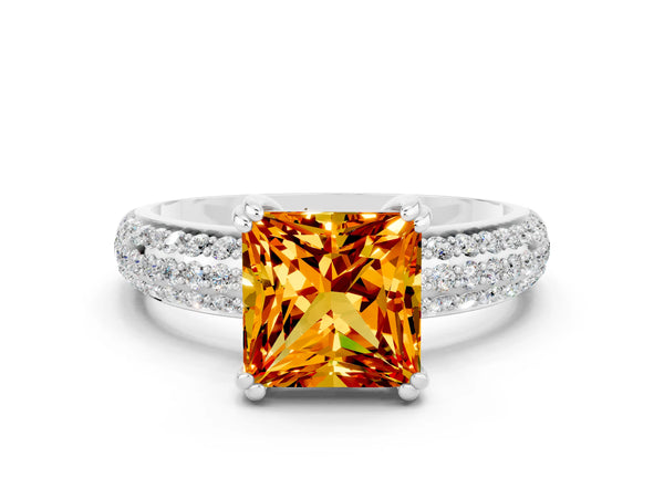 Platinum Princess Cut Citrine Solitaire Ring with Multi-Row Round Pavé Band and Prong Setting