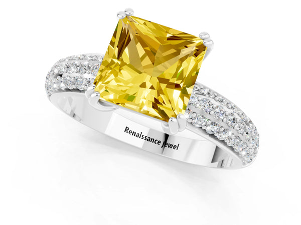 Platinum Princess Cut Yellow Sapphire Solitaire Ring with Multi-Row Round Pavé Band and Prong Setting