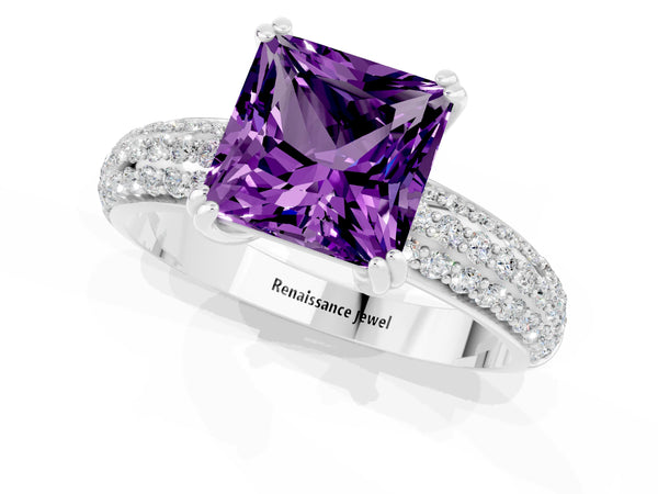 Platinum Princess Cut Amethyst Solitaire Ring with Multi-Row Round Pavé Band and Prong Setting