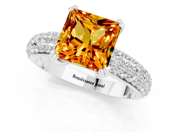 Silver Princess Cut Citrine Solitaire Ring with Multi-Row Round Pavé Band and Prong Setting