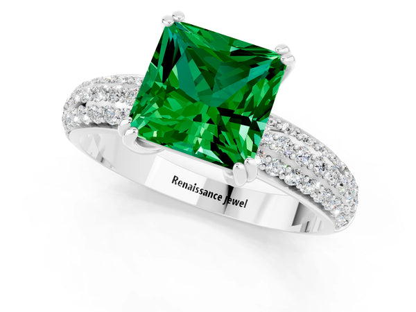 White gold Princess Cut Emerald Solitaire Ring with Multi-Row Round Pavé Band and Prong Setting