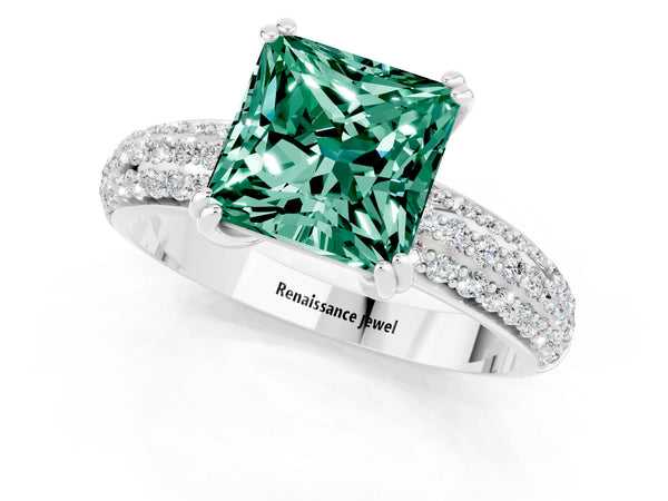 White gold Princess Cut Green Sapphire Solitaire Ring with Multi-Row Round Pavé Band and Prong Setting