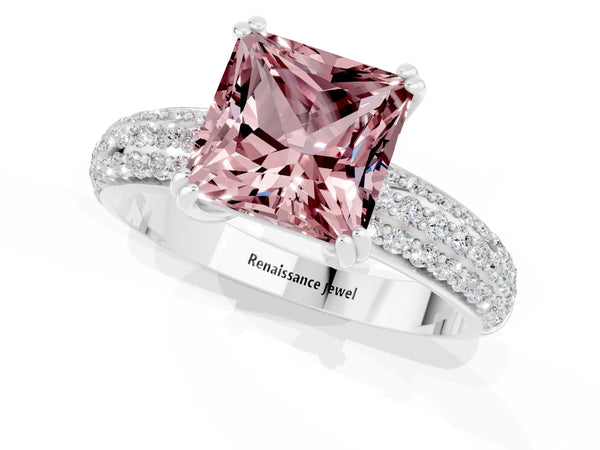 White gold Princess Cut Cut Pave Diamond Engagement Ring with Channel Set Band and Four-Prong Setting