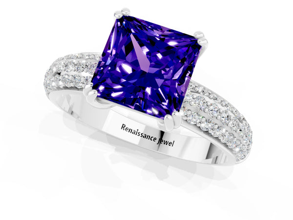 Platinum Princess Cut Tanzanite Solitaire Ring with Multi-Row Round Pavé Band and Prong Setting