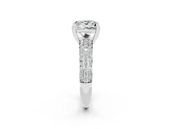 Platinum Princess Cut Moissanite Solitaire Ring with Multi-Row Round Pavé Band and Prong Setting