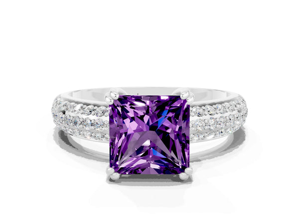 Silver Princess Cut Amethyst Solitaire Ring with Multi-Row Round Pavé Band and Prong Setting