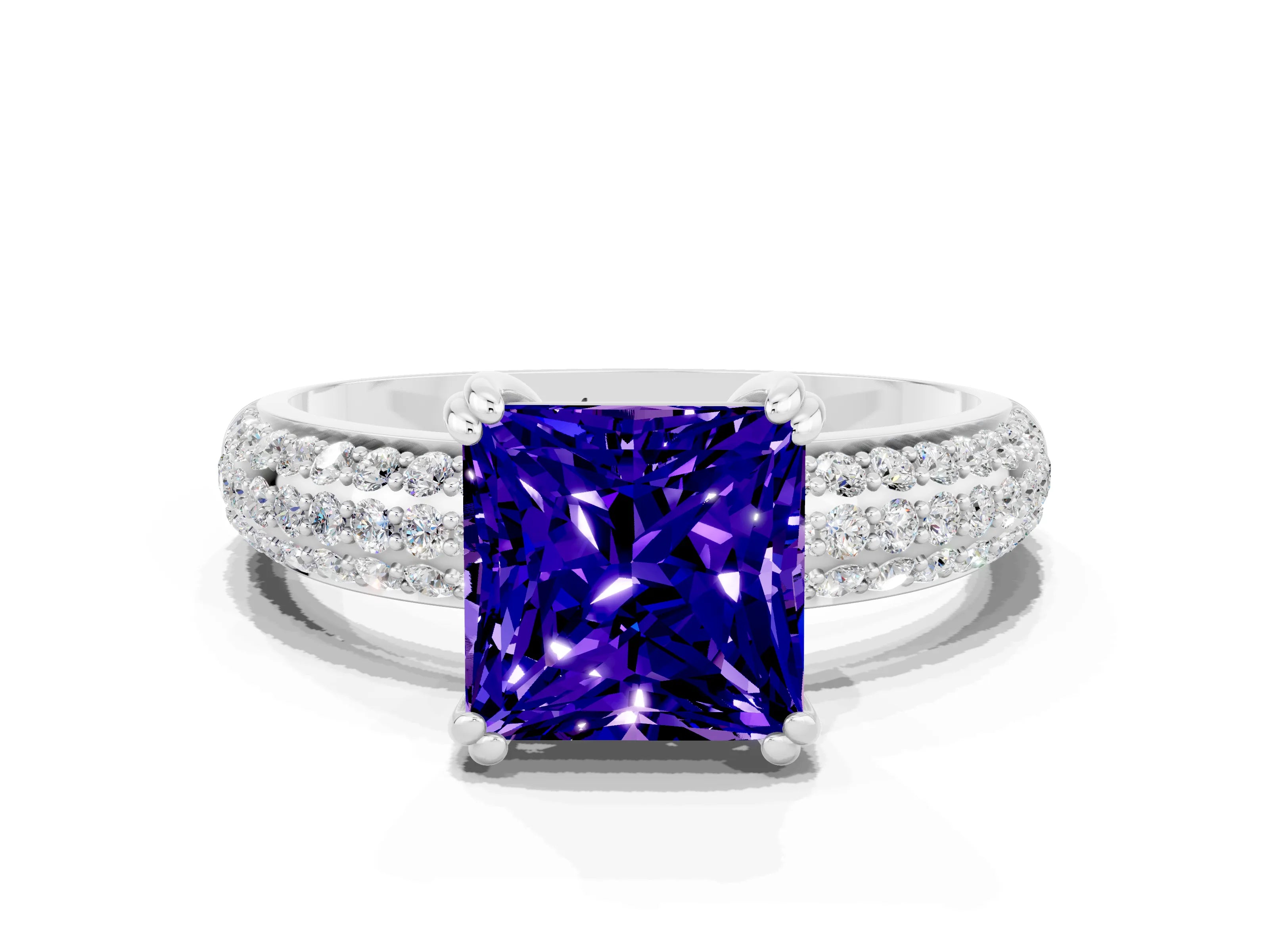 White gold Princess Cut Cut Pave Diamond Engagement Ring with Channel Set Band and Four-Prong Setting
