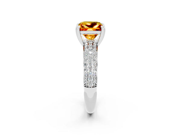 Platinum Princess Cut Citrine Solitaire Ring with Multi-Row Round Pavé Band and Prong Setting