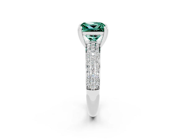 Silver Princess Cut Green Sapphire Solitaire Ring with Multi-Row Round Pavé Band and Prong Setting