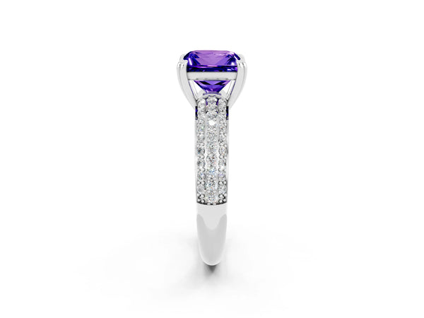 Silver Princess Cut Tanzanite Solitaire Ring with Multi-Row Round Pavé Band and Prong Setting