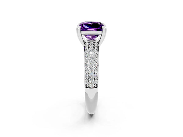 Silver Princess Cut Amethyst Solitaire Ring with Multi-Row Round Pavé Band and Prong Setting