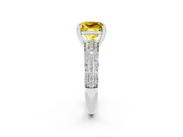 Platinum Princess Cut Yellow Sapphire Solitaire Ring with Multi-Row Round Pavé Band and Prong Setting