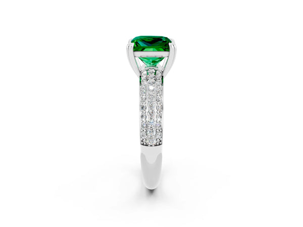 White gold Princess Cut Emerald Solitaire Ring with Multi-Row Round Pavé Band and Prong Setting