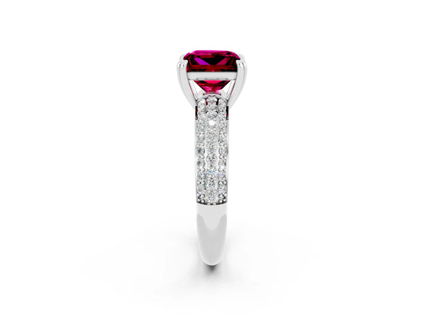Platinum Princess Cut Garnet Solitaire Ring with Multi-Row Round Pavé Band and Prong Setting