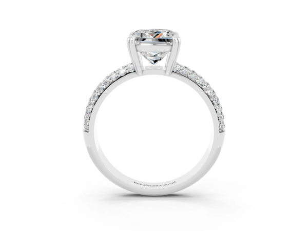 Platinum Princess Cut Moissanite Solitaire Ring with Multi-Row Round Pavé Band and Prong Setting