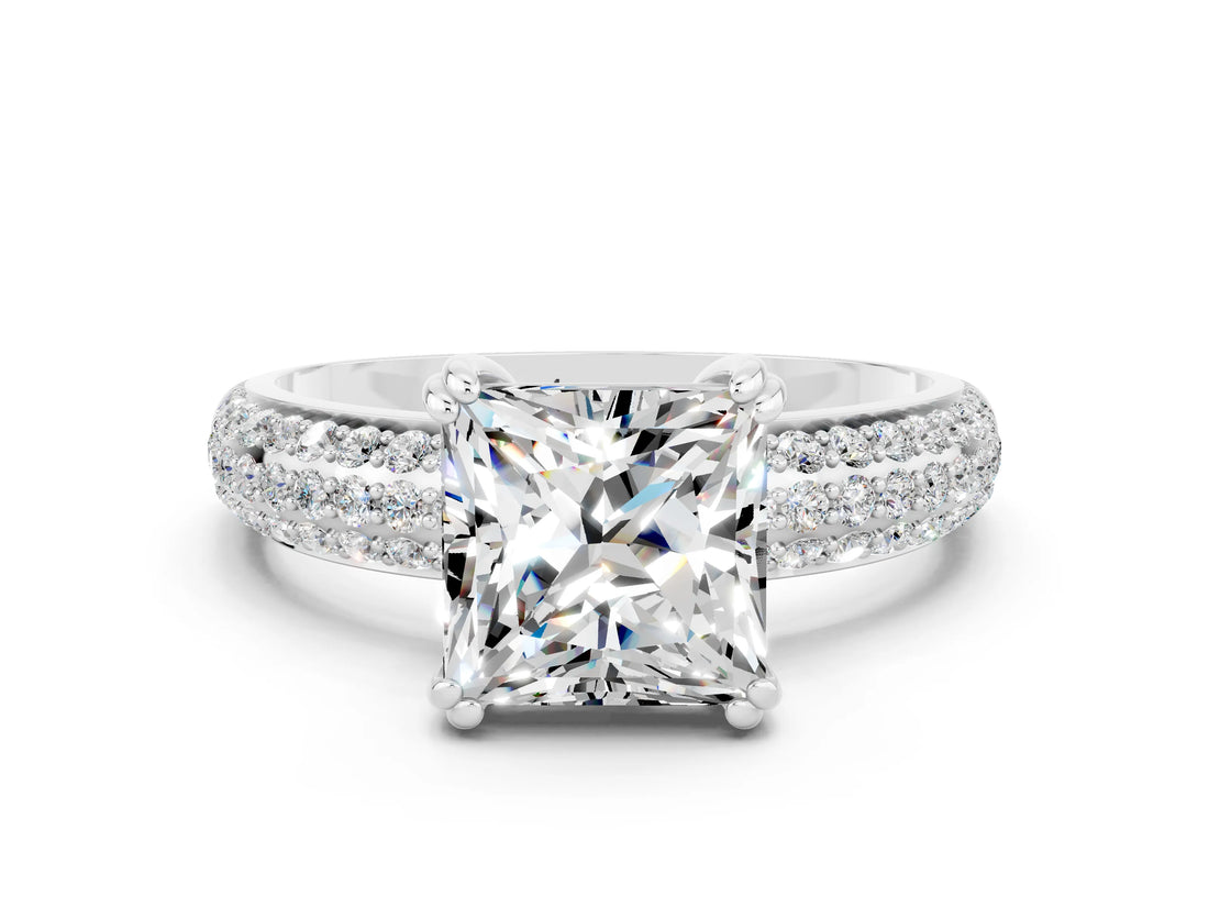 White gold Princess Cut Cut Pave Diamond Engagement Ring with Channel Set Band and Four-Prong Setting
