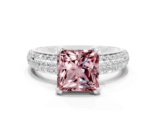 Silver Princess Cut Cut Pave Diamond Engagement Ring with Channel Set Band and Four-Prong Setting