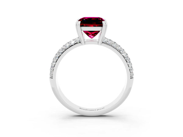 Platinum Princess Cut Garnet Solitaire Ring with Multi-Row Round Pavé Band and Prong Setting
