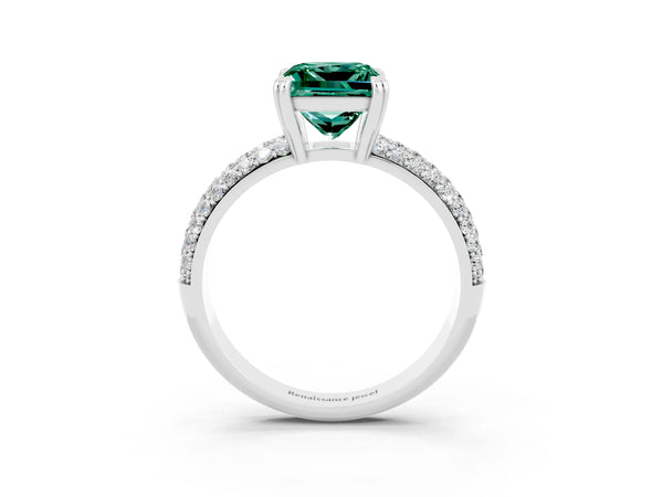 Silver Princess Cut Green Sapphire Solitaire Ring with Multi-Row Round Pavé Band and Prong Setting