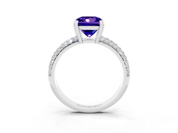 Silver Princess Cut Tanzanite Solitaire Ring with Multi-Row Round Pavé Band and Prong Setting