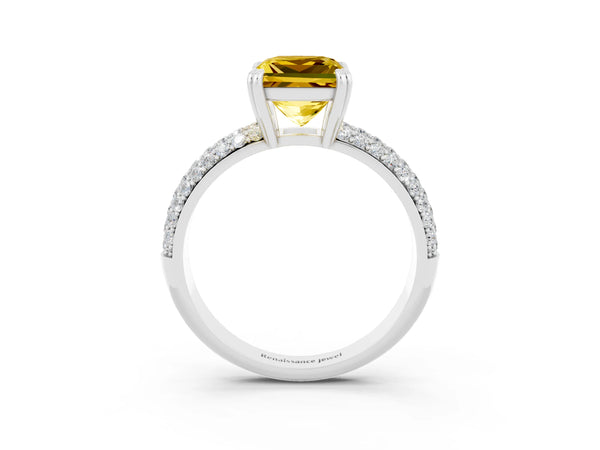 Platinum Princess Cut Yellow Sapphire Solitaire Ring with Multi-Row Round Pavé Band and Prong Setting