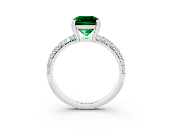 White gold Princess Cut Emerald Solitaire Ring with Multi-Row Round Pavé Band and Prong Setting