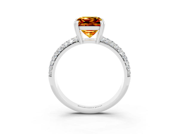 Platinum Princess Cut Citrine Solitaire Ring with Multi-Row Round Pavé Band and Prong Setting